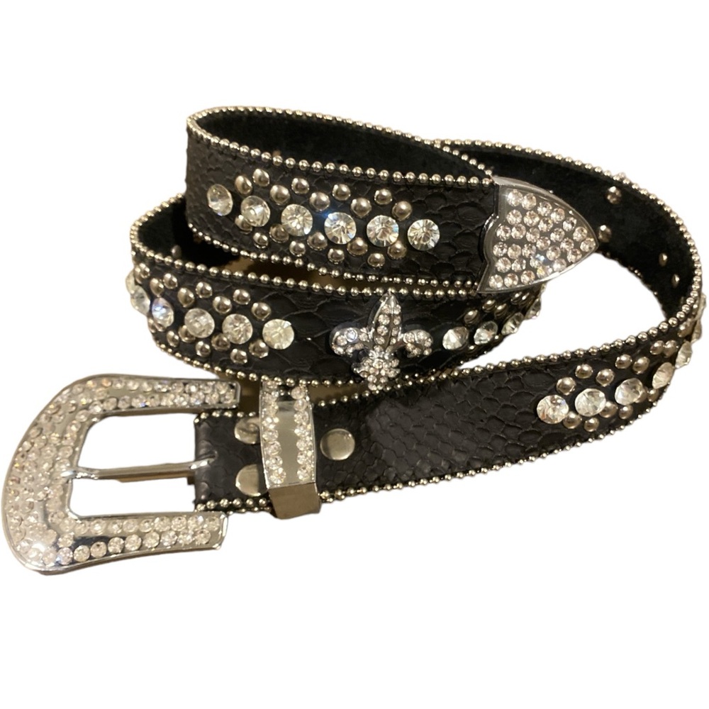 VTG Fleur De Lis Rhinestone Belt Leather Black S/M Snakeskin Print Sparkly Y2K
